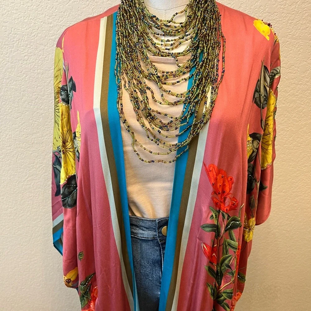 ARATTA Floral Coral Kimono with Teal Trim - Picture 1 of 5